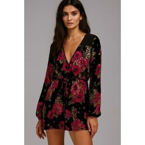 Velvet‎ Floral Burnout Romper Women's M Black Pink Long Sleeve Festival Boho